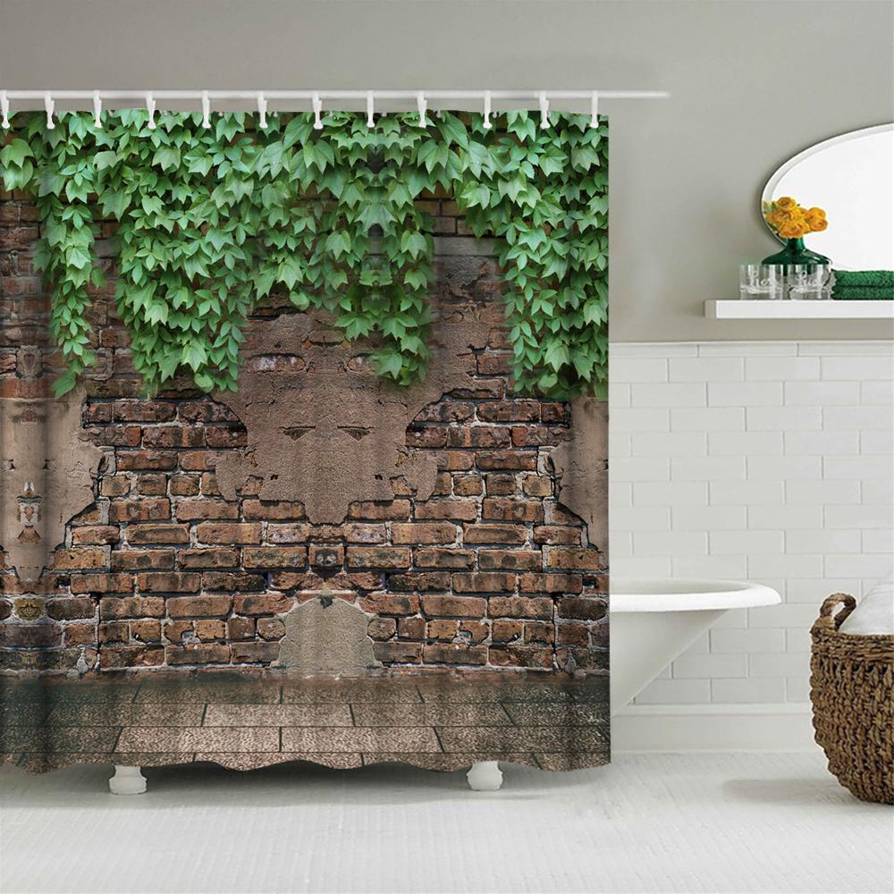 Vattentät Duschdraperi med Blommor Gräs Växt Stenmur för Badrum Badgardiner Extra Lång 180*200 CM 3d Duschdraperi