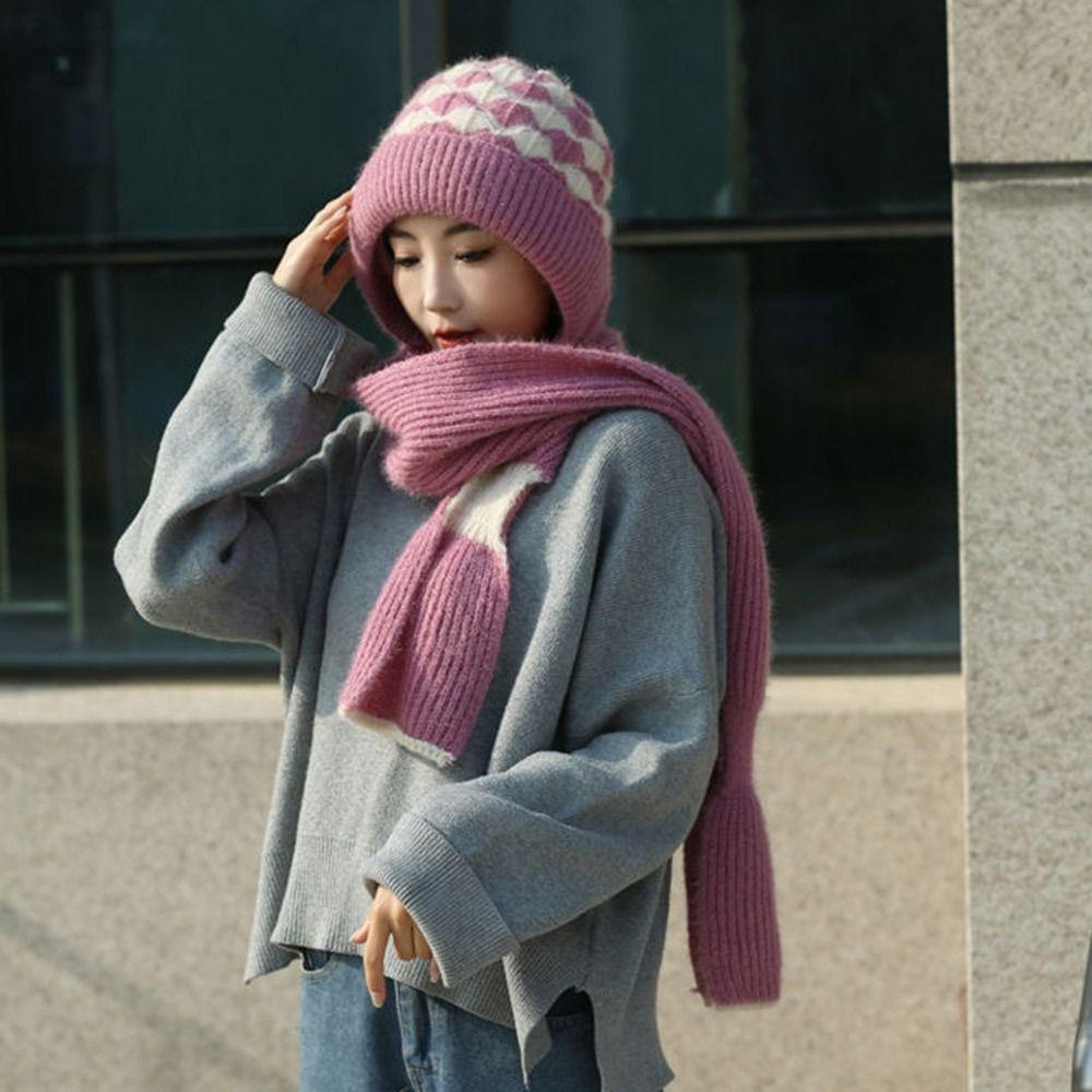 Thickened Knitted Hat Scarf Windproof Ear Protection Cap Casual Beanie Hat for Women