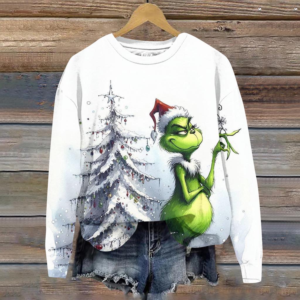 Ladies' Christmas Greentown Print Casual Long Sleeved Round Neck Sports Hoodie Top