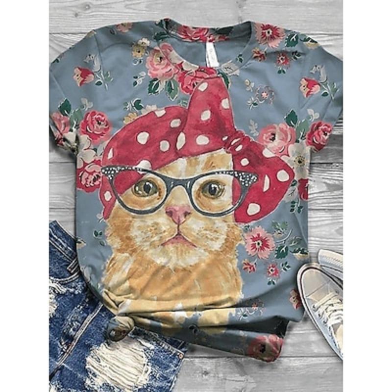 Damen T-Shirt Mode Lustiger Blumiger Katzen-Print Kurzarm Reguläre Oberteile Rundhalsausschnitt Feiertagswochenende Schwarz Gelb Rot Blau Braun Frühling & Sommer
