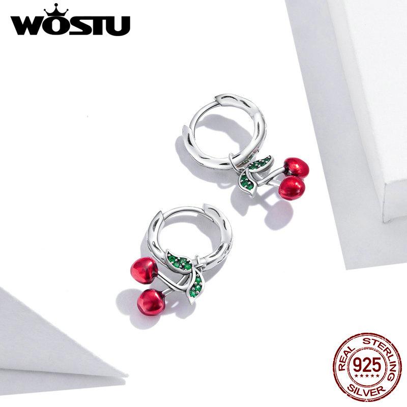 WOSTU 925 Sterling Silver Red Cherry Drop Dangle Earrings For Women Wedding Hoops Earrings Women Fine Jewelry GIft2