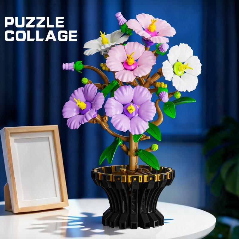 503Pcs Bonsai Hibiscus Tree Home Decor Creative Ornament Building Blocks Flower Set Educational Assembly Toy Birthday Gift