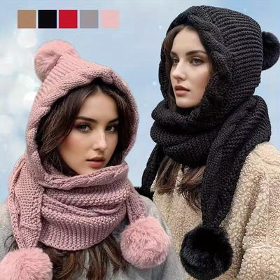 Fashion Winter Warm Hoodie Hat Scarf Set Soft Thick Warm Hat Extreme Cold Versatile Hat with Attach Scarf Knitt Hat
