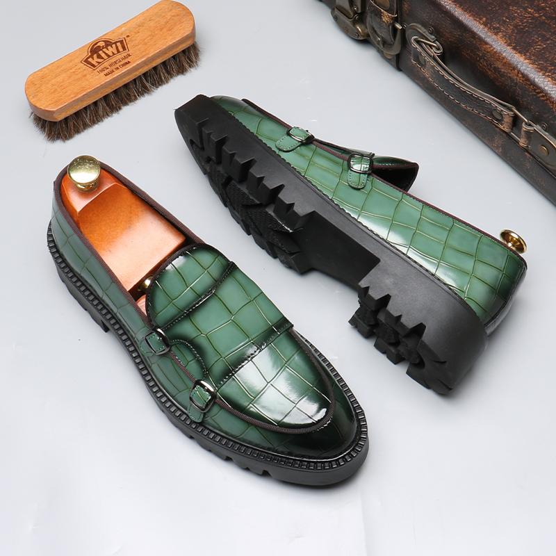 Fashion Men's Casual Leather Shoes Men Classic British Style Monk Loafers Mens Slip-on Thick Sole Heightened Shoe