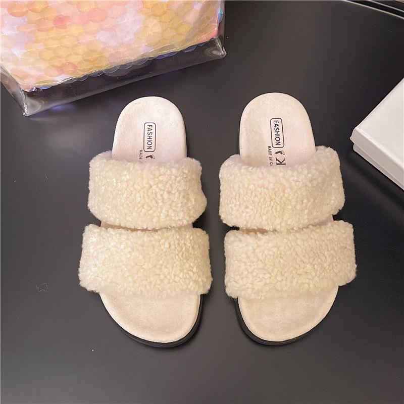 Muffin Thick Bottom One-word Fluffy Slippers Women Wear 2025 Autumn and Winter New Internet Celebrity Fairy Wind Heightening Cotton Slippers