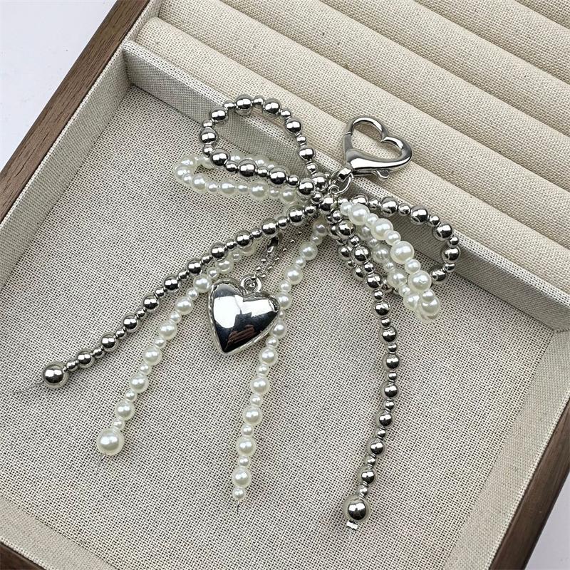 Double-layer Sweet Lovely Beaded Bowknot Heart Keychain Pendant Hanging Decor Keyring Lanyard Phone Charm Bag Pendant Supplies