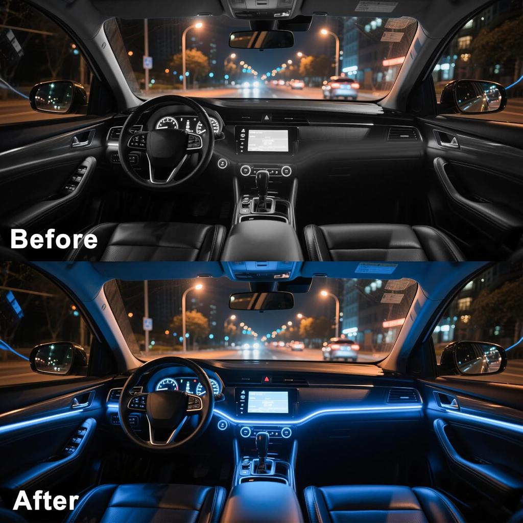 Interior Car LED Lights Wireless APP Control 5 In 1 RGB Ambient Lighting Kit With 236" Fiber Optic, 16 Million Colors Music Sync Waterproof LED Strip