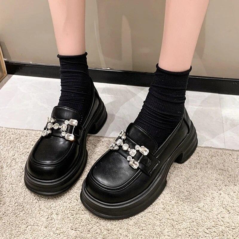 

Туфли-лодочки для отдыха, женские туфли-оксфорды без шнуровки на высоком каблуке из искусственной кожи с круглым носком, однотонные кожаные туфли на платформе с яркими бриллиантами, туфли-лодочки 35