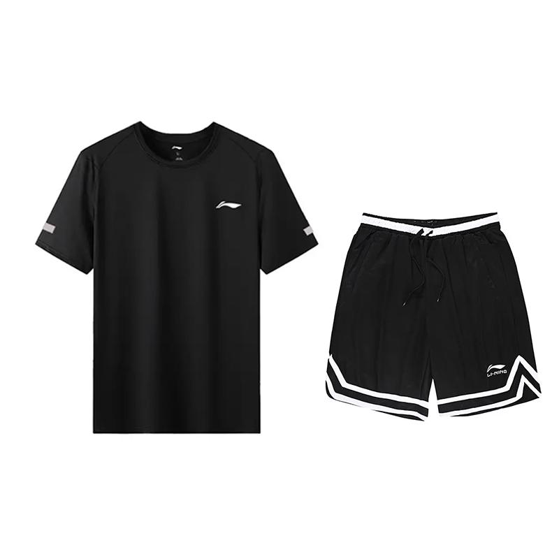Li-Ning Letter Round Neck Loose Shoulder Short Sleeve T-Shirt Breathable Fashion Shorts Casual Sports Suit Unisex Suit Black YTSU163-3+YAPV001-1