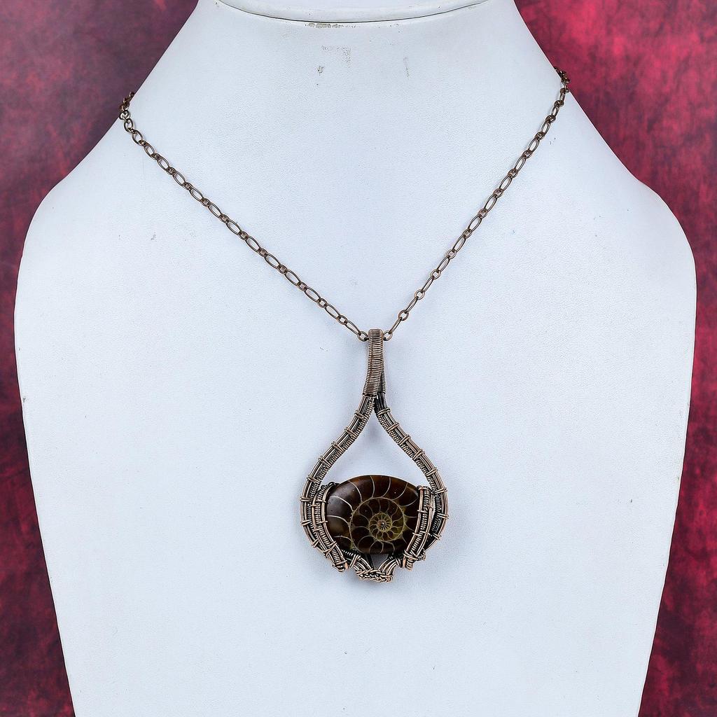 Ammonite fossil pendant copper wire wrapped gemstone pendant handmade pendant copper jewelry decent pendant gifts for him wire wrap jewelry