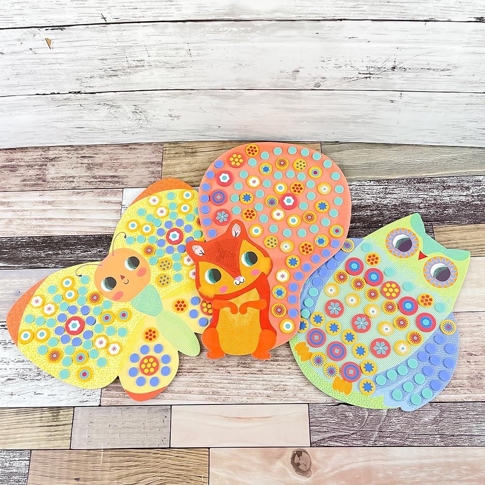 DJECO Mosaic Cute Animal Sticker Craft Mosaic Art Animal Educational Montessori Toy for Ages and Boys and Gift for Sports and Long Autumn Nights Kit,