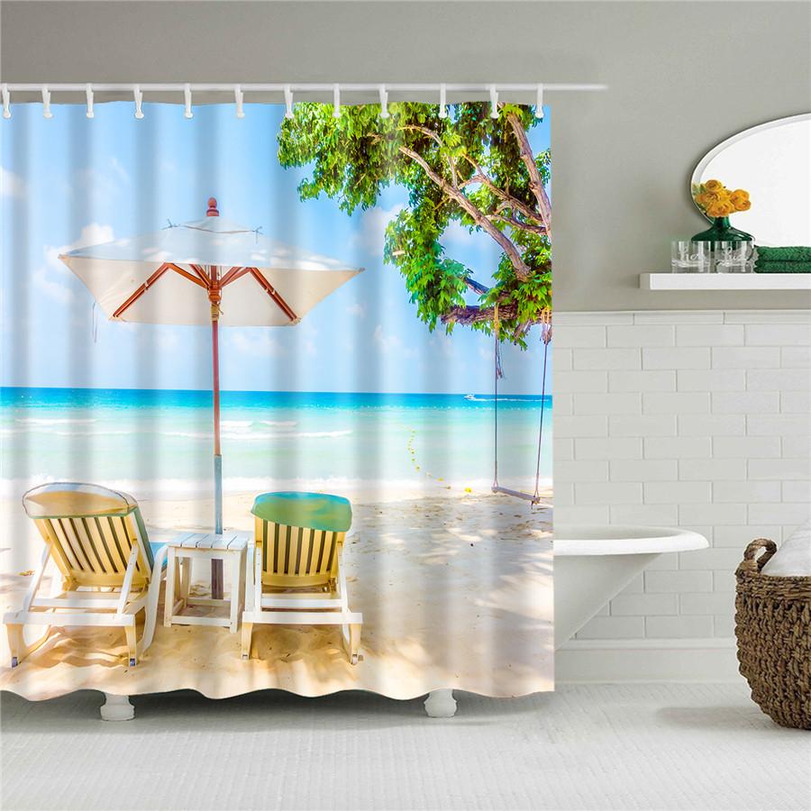 Windmill Seaside Scenery Shell Beach Scenic Bathroom Shower Curtain Frabic Waterproof Polyester Bathroom Curtain With Hooks