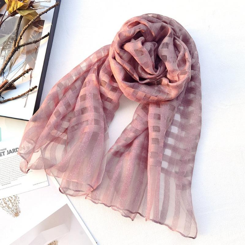 New Checkered Silk Scarf for Women, Solid Color Sunscreen Shawl Gold Thread Mulberry Silk Scarf for Women