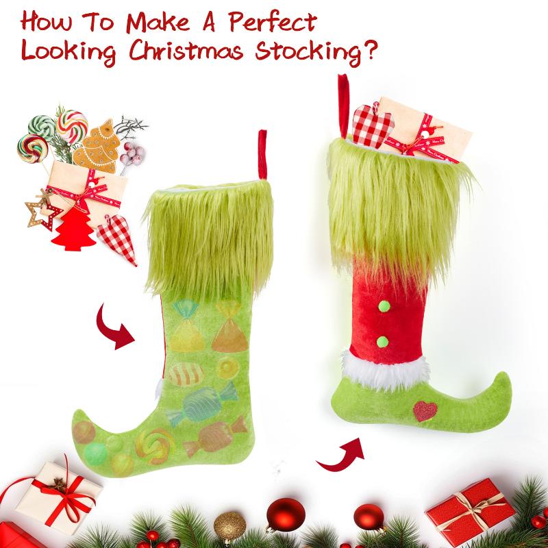 2025 Christmas Socks Long Haired Green Fur Grinch Elements Christmas Socks Candy Bag Christmas Pendant Gift Bag