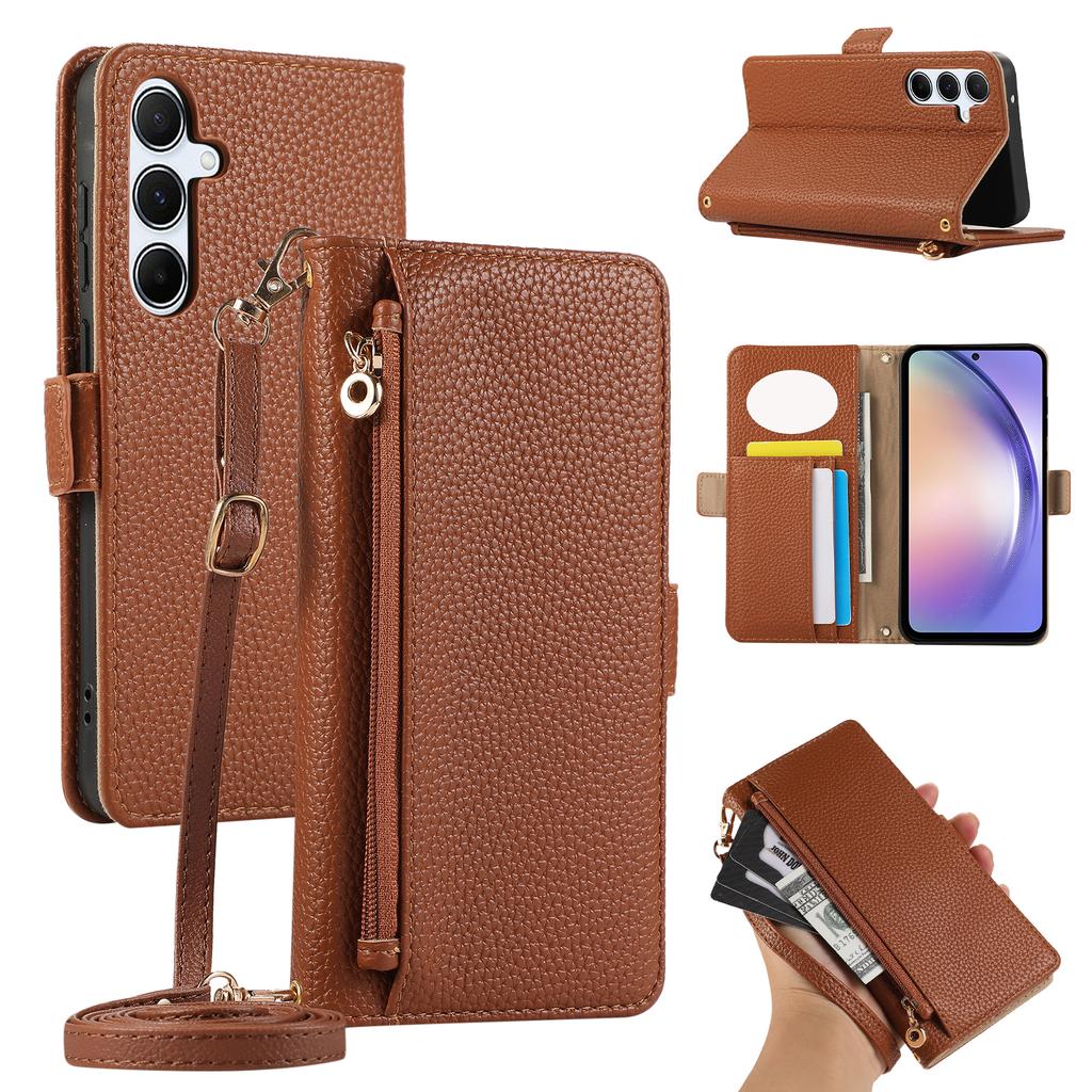 For Samsung Galaxy A35 5G Wallet Phone Case Shockproof TPU+PU Leather Flip Cover with Mirror,Strap