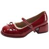 Fashion Red Pumps for Women Spring Autumn Thick Middle Heel Leather Women's Single Shoes Fashion Round Toe Bow Heeled Mary Jane Shoes