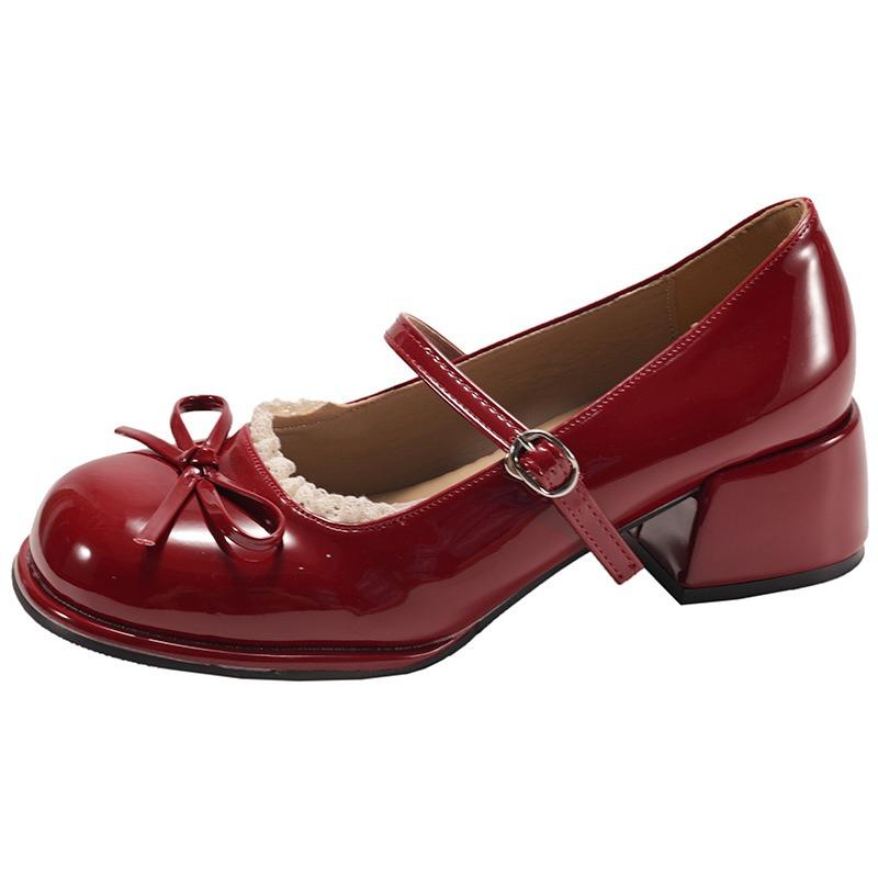Fashion Red Pumps for Women Spring Autumn Thick Middle Heel Leather Women's Single Shoes Fashion Round Toe Bow Heeled Mary Jane Shoes