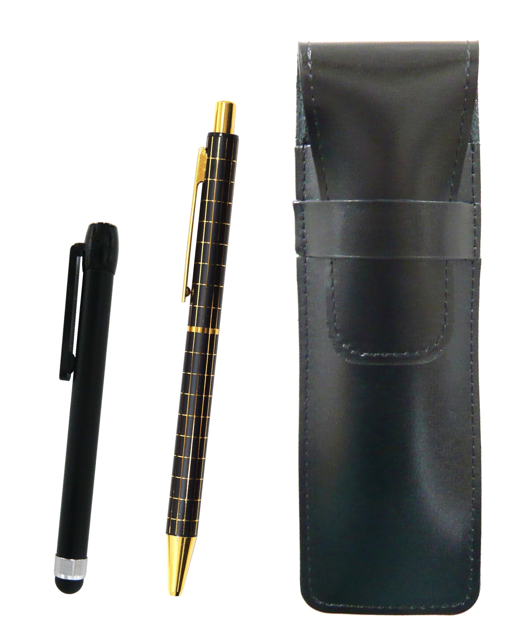 

Slim Cowhide Pencil Case Black Metal Touch Bar Black and Standard Size Metal Straight Knock Double Anodized Black Lattice Ballpoint Pen Set Black