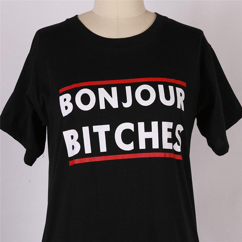 Letter Printed T shirt Women s Bonjour Bitches Letter French Words Kup 