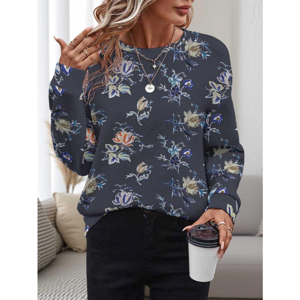 Floral Pattern Women's New Top 3D Printed Round Neck Pullover Casual Loose Sweatshirt