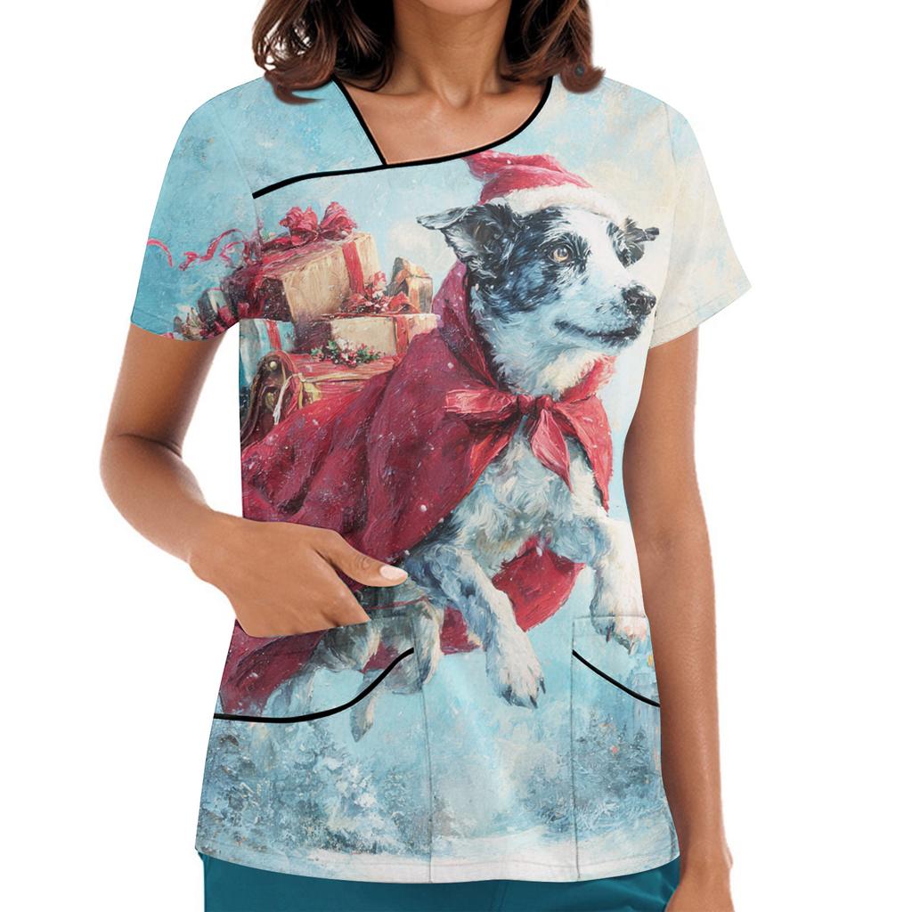 Women's Printed Work Clothes, Sloping Collar And Double Layer Pockets, Basic Top Pullover