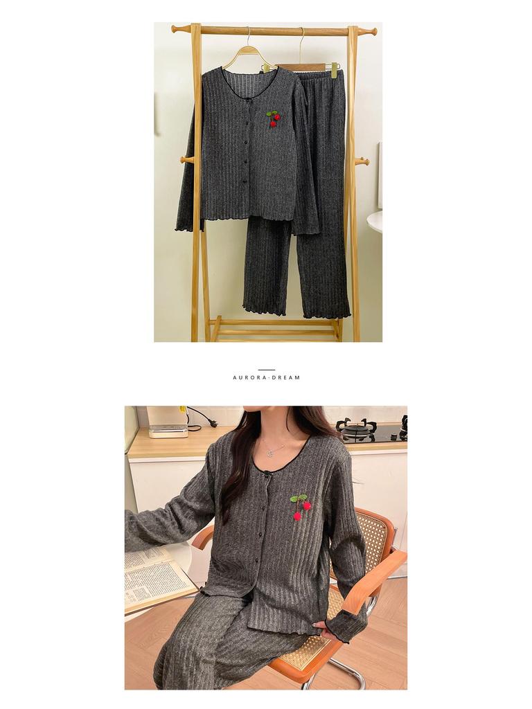 Cherry Cardigan Pajama Set: Women's Drawstring Fleece with Chest Pad - Korean-Style, Long Sleeve, Two-Piece Homewear.