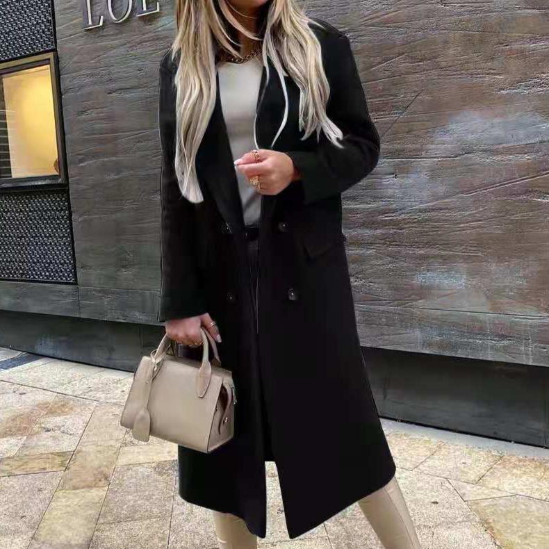 Women's Autumn and Winter Long-sleeved Suit Collar Double-breasted Nylon Jacket Coat