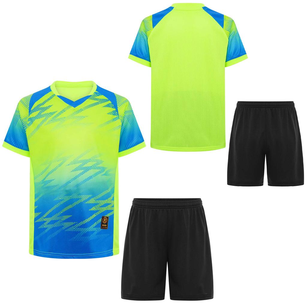 Children‘s Football Training Outfit V-Neck Short Sleeve Patterned T-Shirt and Elastic Waistband Drawstring Shorts for Athletic Practice