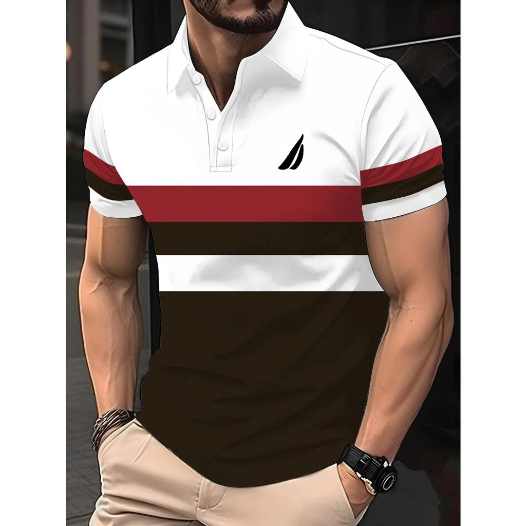 2026 Summer Men's Polo Shirt with Stripes Print Breathable Lightweight Casual Fashionable Outdoor