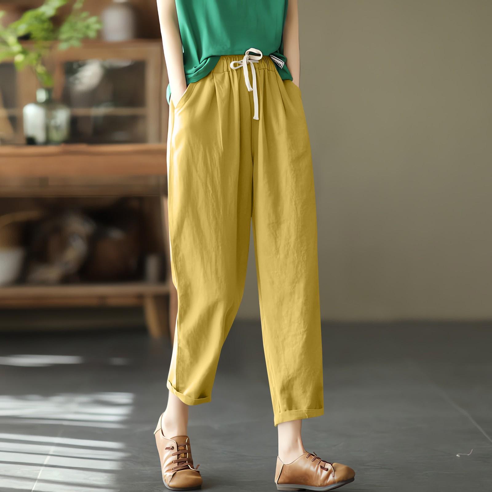 

Женские модные однотонные повседневные брюки из хлопка и пеньки с эластичной талией для похудения с маленькими ножками XL жёлтый
