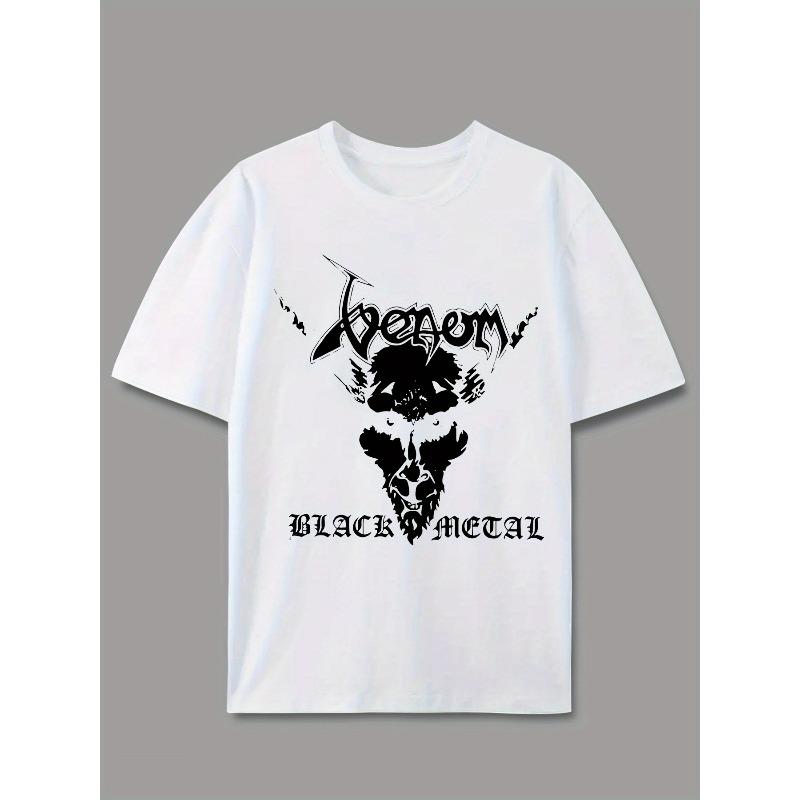 European sizes Men'S Black Metal Skull Graphic T-Shirt - Casual Summer Tee with "Black Metal" Print, Short Sleeve, Round Neck