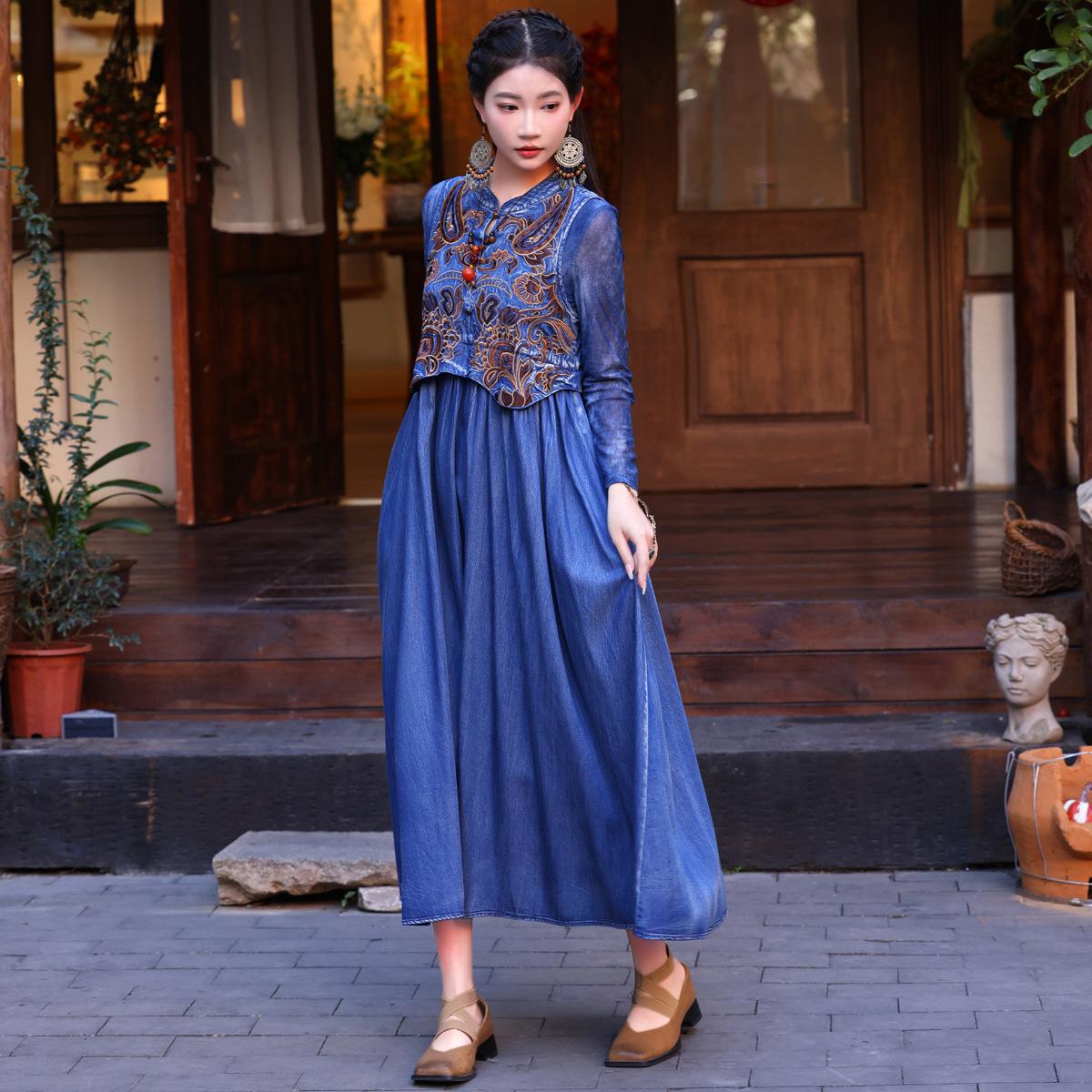 

Johnature женское весеннее индивидуальное ковбойское платье без рукавов с вышивкой в ​​китайском стиле, винтажное нишевое платье трапециевидной формы в стиле ретро L