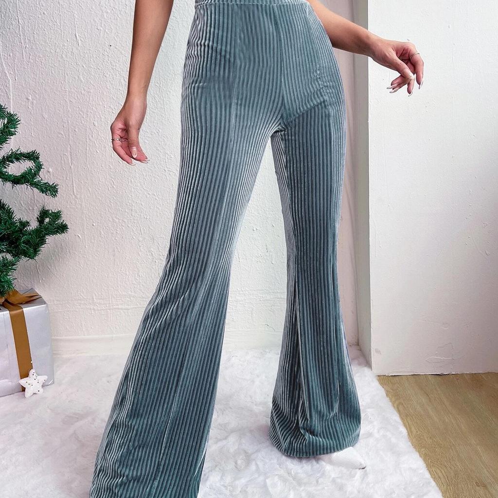 New High-Waisted Corduroy Bell Bottom Pants, Solid Color Casual Wide-Leg Sweatpants for Women