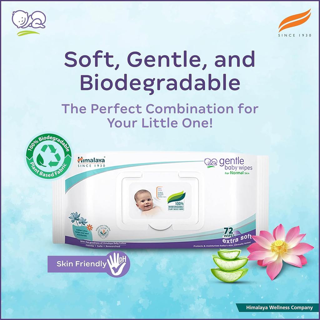 Himalaya Gentle Baby Wipes 72 Count Plant-Based Fabric Aloe Vera Indian Lotus