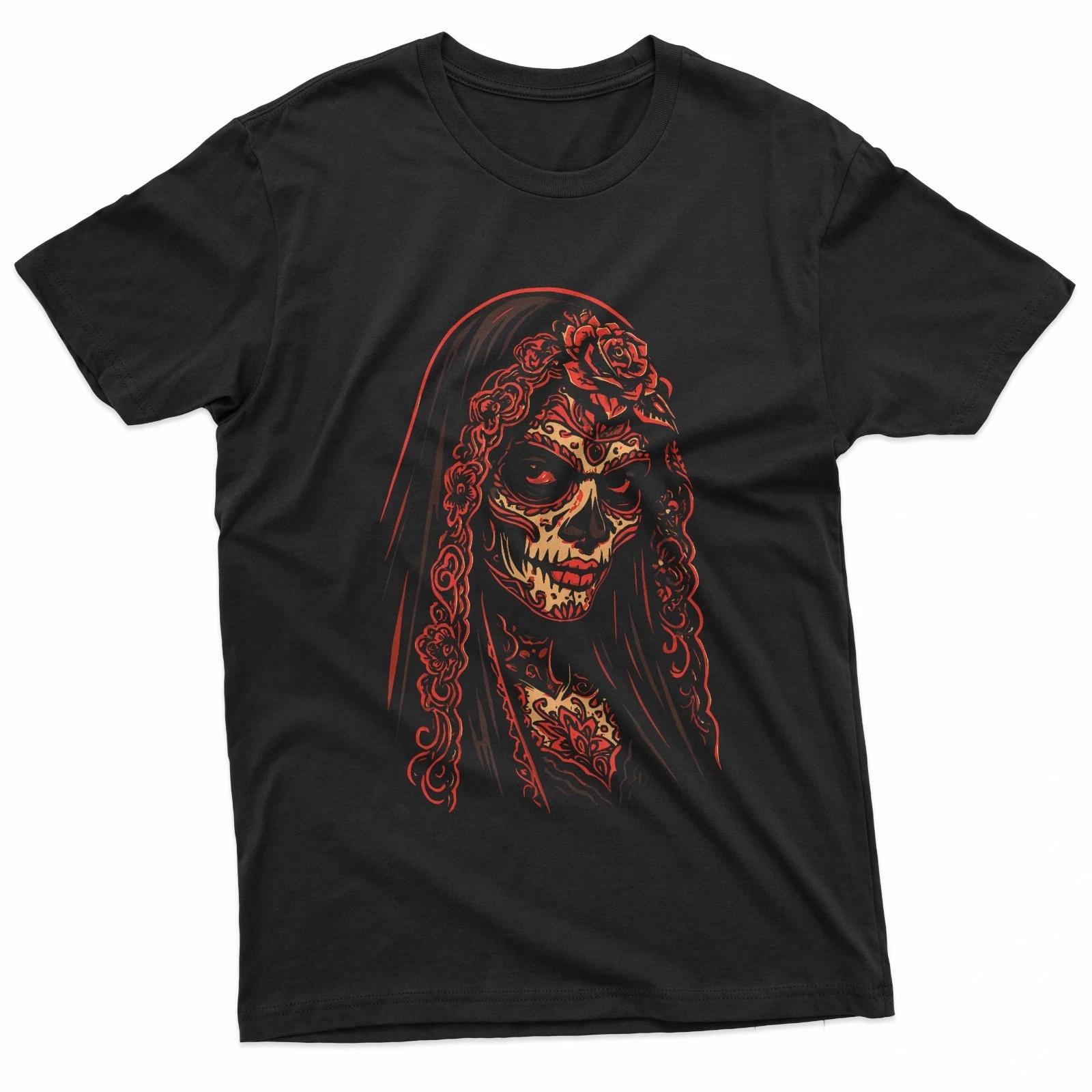 Sugar Skull Woman Vintage Tattoo Art Da De Los Muertos Black 100% Cotton T-shirt Mens Tees Top S