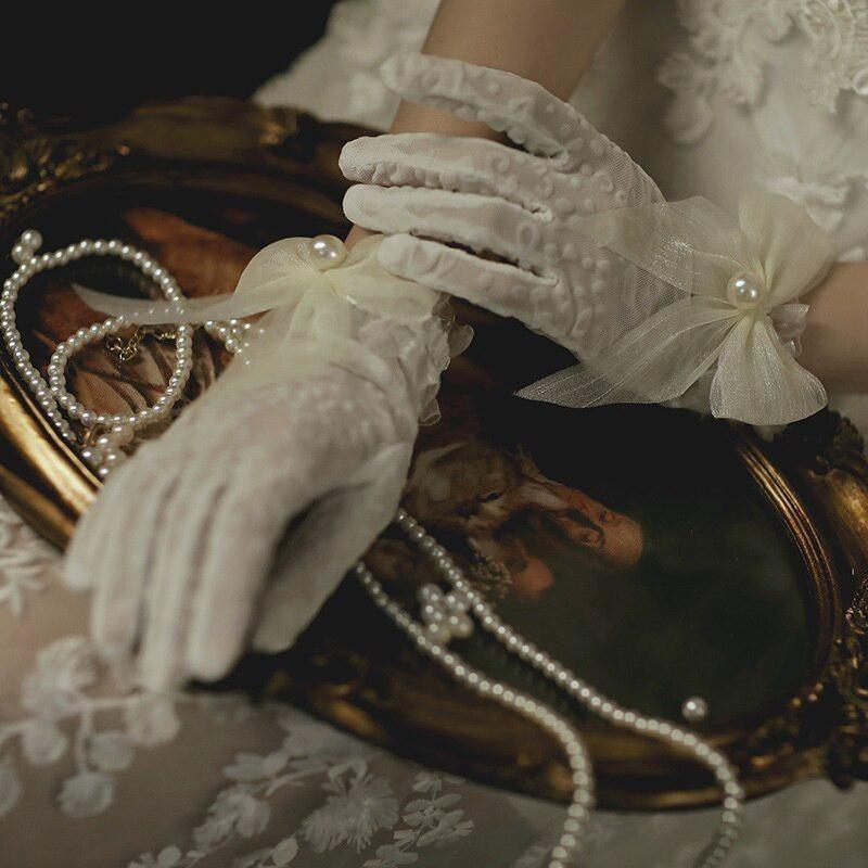 Mănuși scurte de mireasă pentru femei, mănuși de plasă, cu degetul întreg, transparente prin mărgele, cu arc, lungimea încheieturii, mănuși de petrecere pentru costum de bal