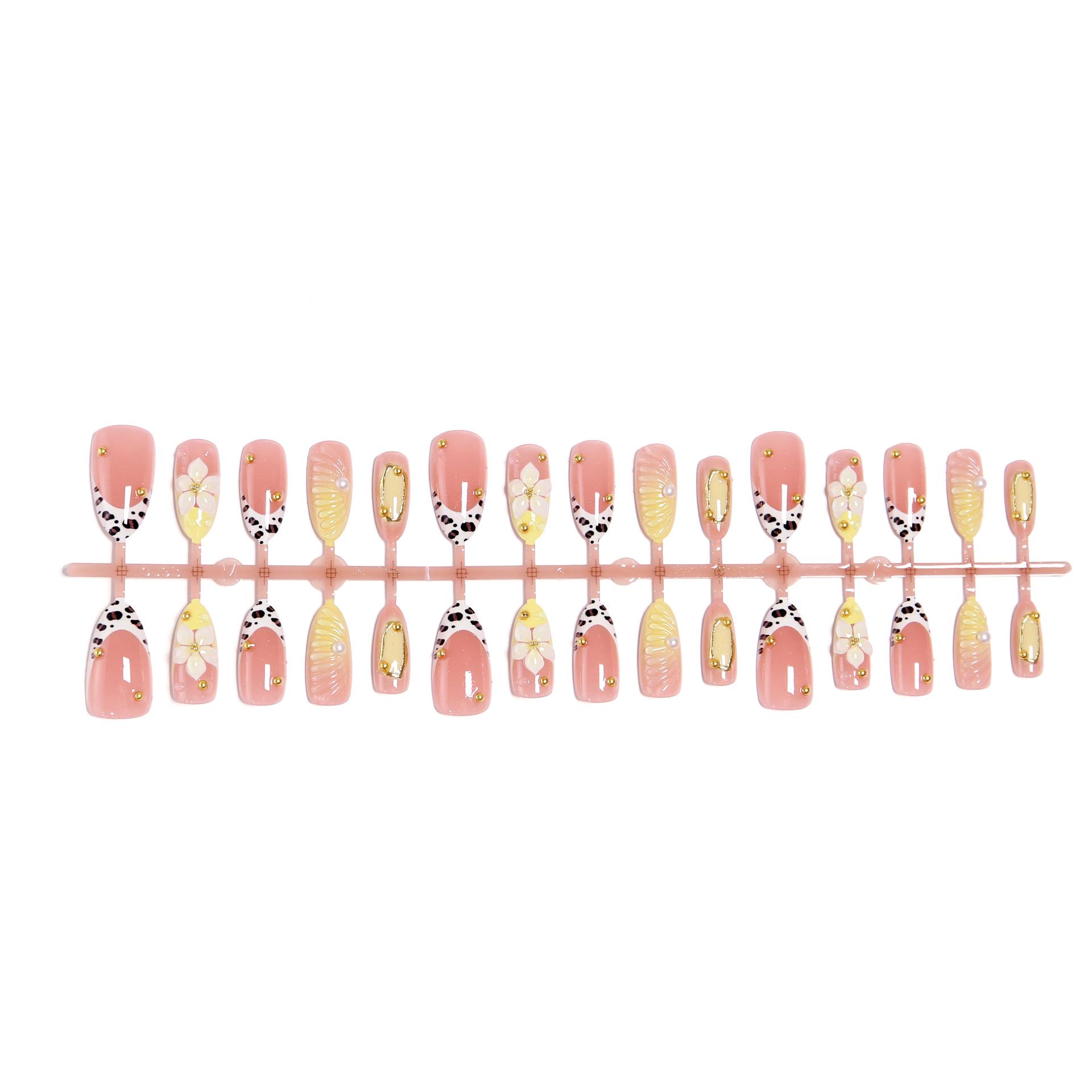 Long Almond Blush Nails with 3D Floral & Cat Eye Design - Wearable False Nail Tips