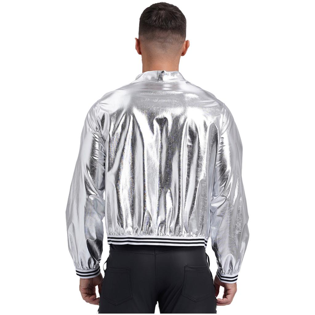 Mens Metallic Bomber Jacket Striped Band Long Sleeve Shiny Outerwear Club Coat Street Style
