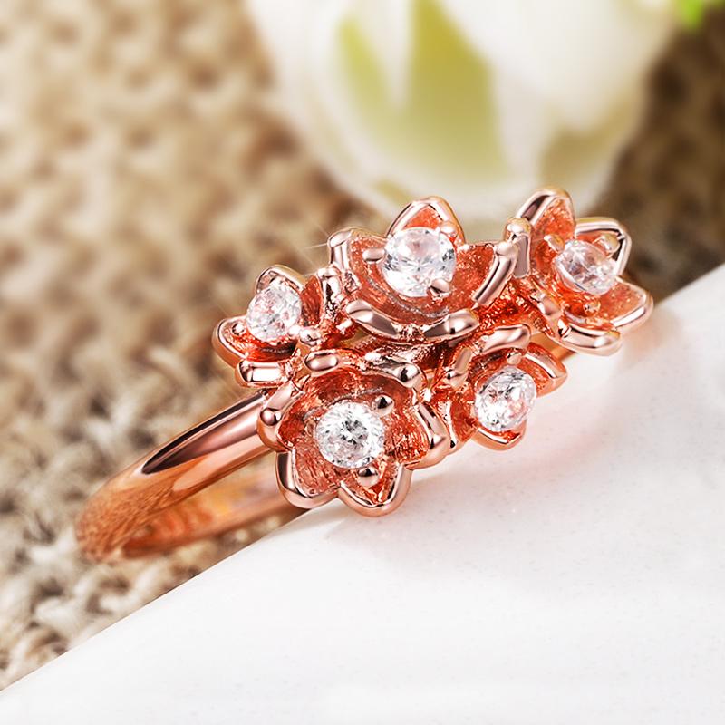 New Delicate Flower Ring Women Rose Gold Color Shiny Cubic Zirconia Party Finger-ring Daily Girl Stylish Jewelry New
