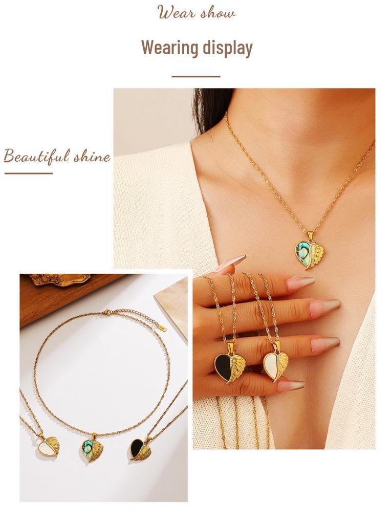 Waterproof 18K Gold-Plated Heart Pendant Necklace with Stainless Steel, White Mother of Pearl, and Abalone Shell