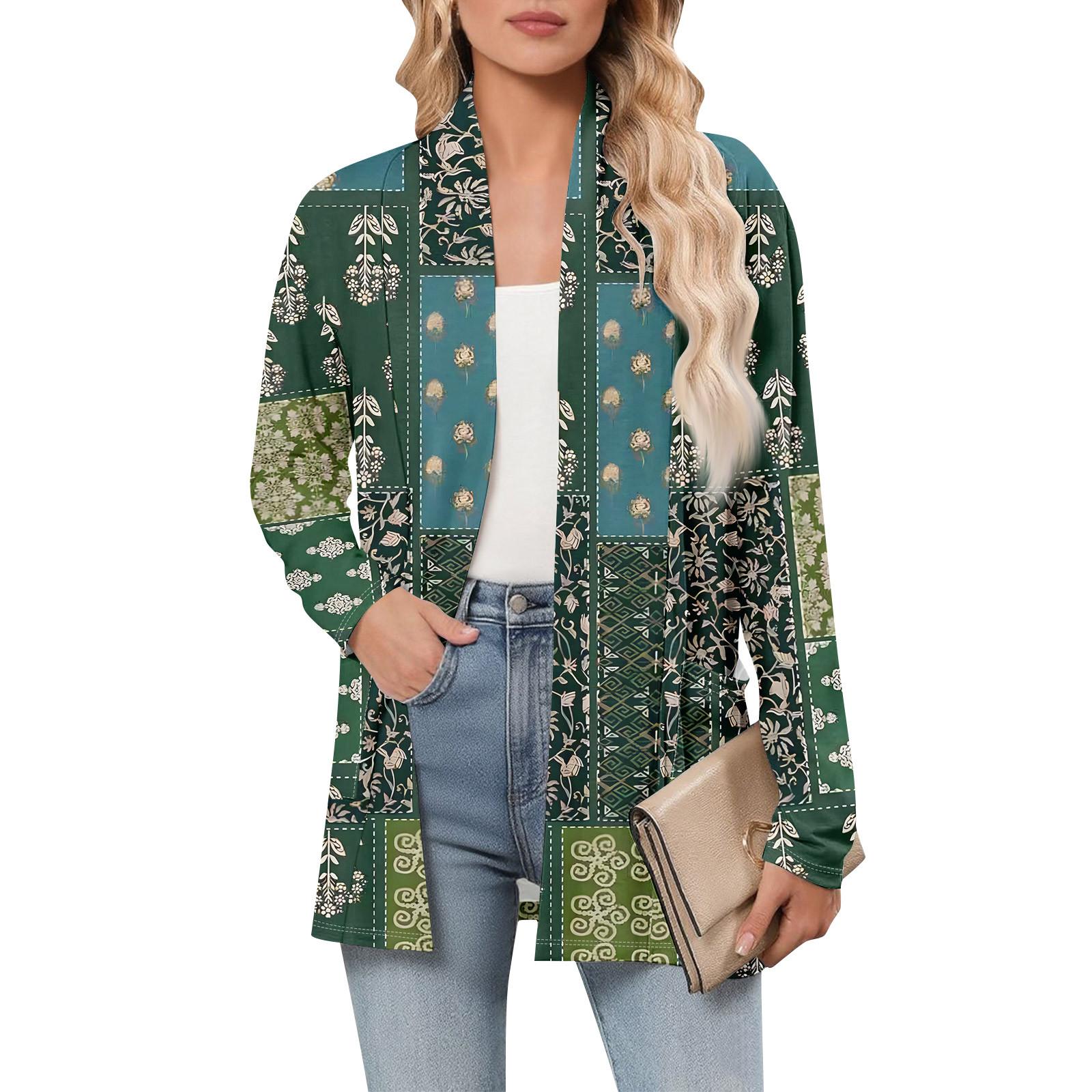 

Женский кардиган с длинным рукавом, V-образным вырезом, модная рубашка с принтом, легкий, повседневный, свободный, тонкий кардиган с карманами L зелёный