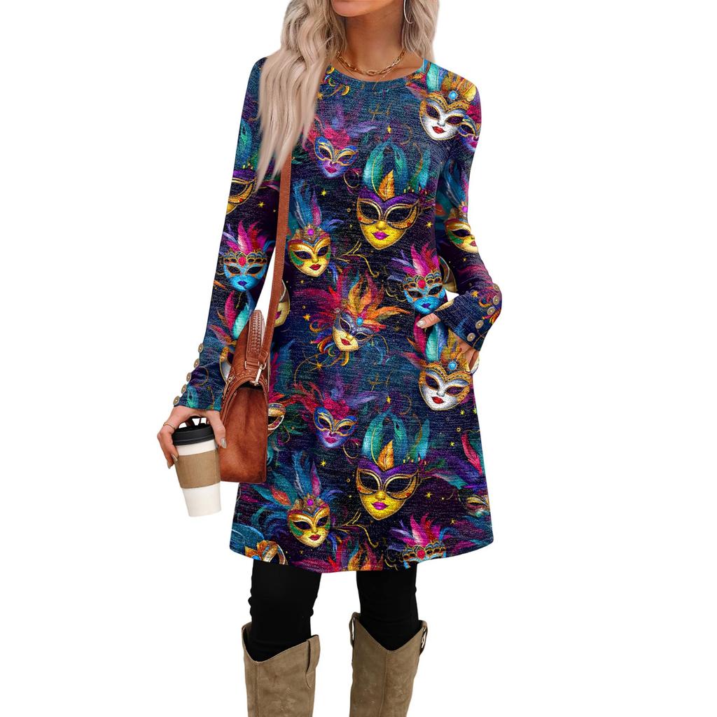 Modisches Damen-Kleid mit Rundhalsausschnitt, langen Ärmeln, Print, Tasche und Knöpfen, Freizeit