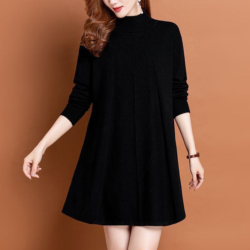 Mid-length Pullover Women's Solid-color Casual Knitted Sweater Dress Autumn and Winter Loose Large-sized Knitted Sweater
