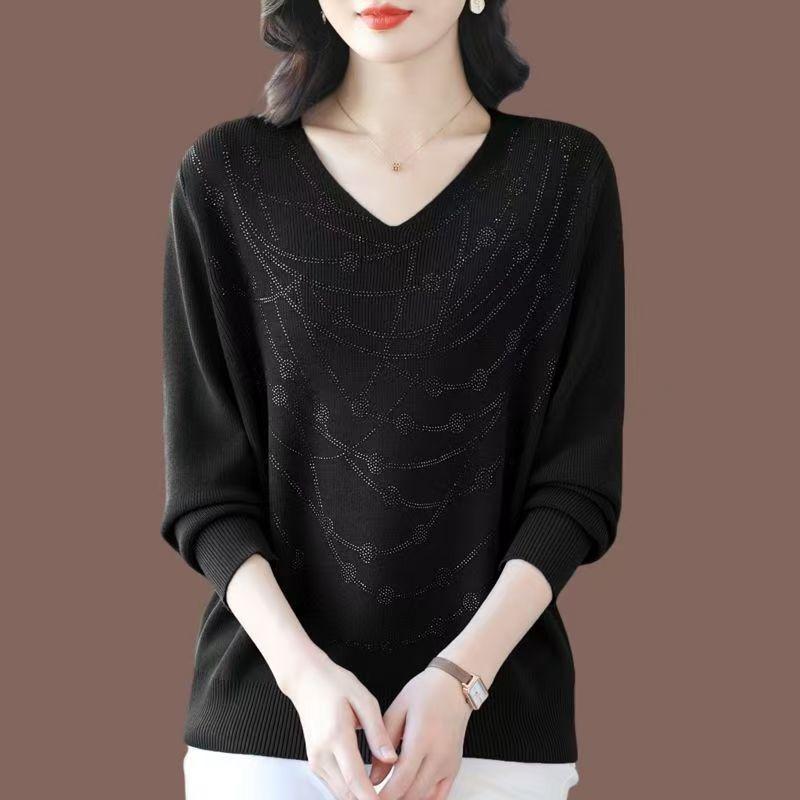 Maglione da donna con scollo a V Primavera Autunno Manica Lunga Ampio Morbido Delicato sulla Pelle Top a Maglia Pullover a Maglia con Strass