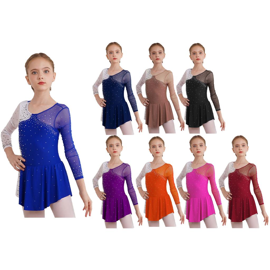Kinder Mädchen Langarm Eiskunstlaufkleid Ballerina Glänzende Diamanten Ballett Tanz Outfits