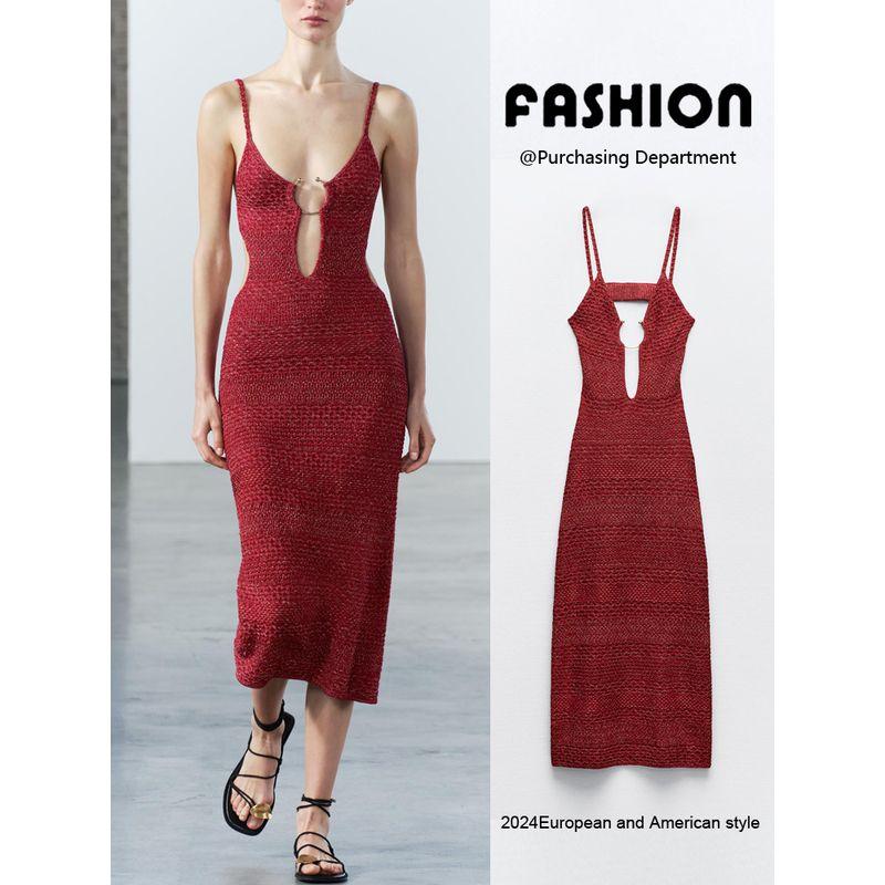 Za2024 Summer New Product Women's Clothes Waist Slim Looking Opening Design Buckle Decoration Knitting Dress 2756023