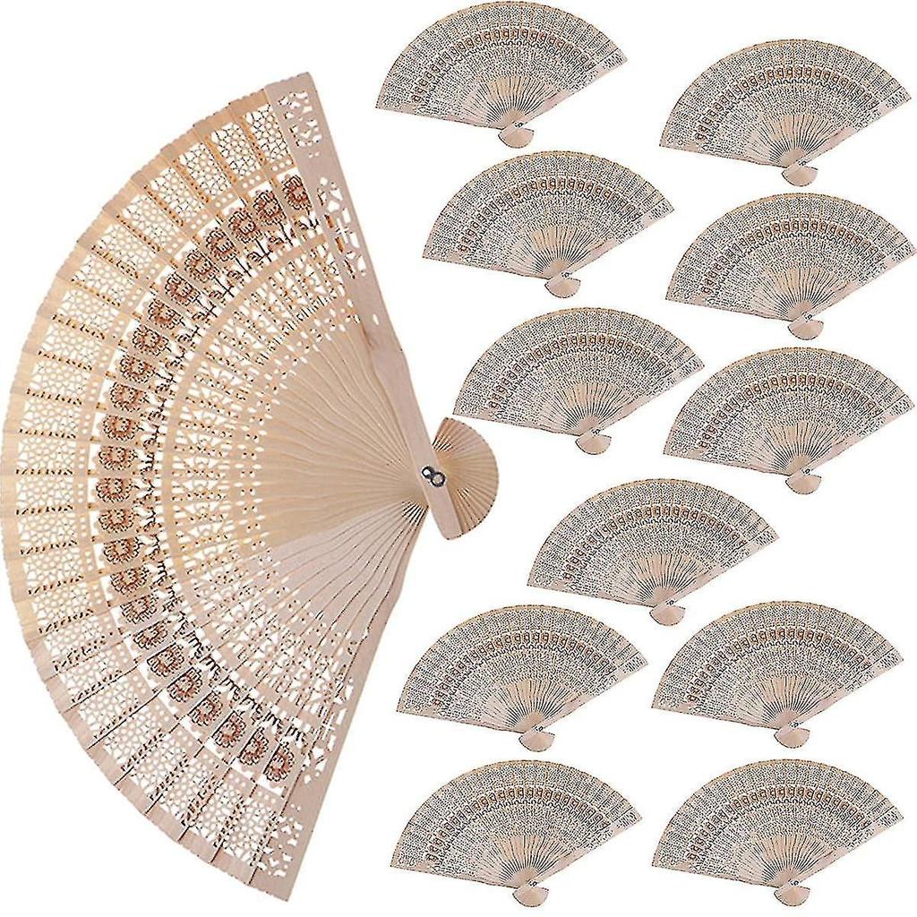 12pcs Sandalwood Fan, 8 Inch Chinese Wooden Openwork Personal Handheld Folding Fan For Wedding Party Home Decorations