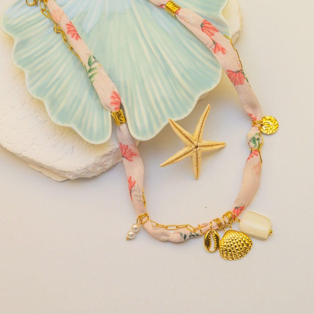 Ethnic Style Flower Scarf Chain Necklace Personality Ocean Series Necklace  Decoration