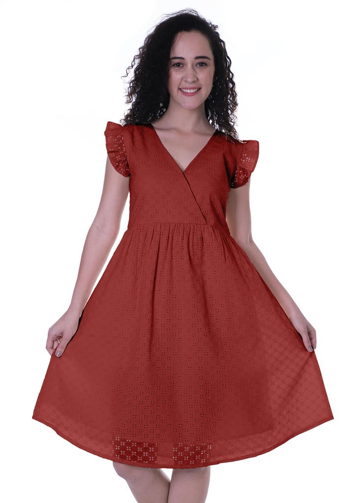 Moomaya Schiffli Dress Frill Sleeve W  V-neck Casual Relaxed Summer Garden