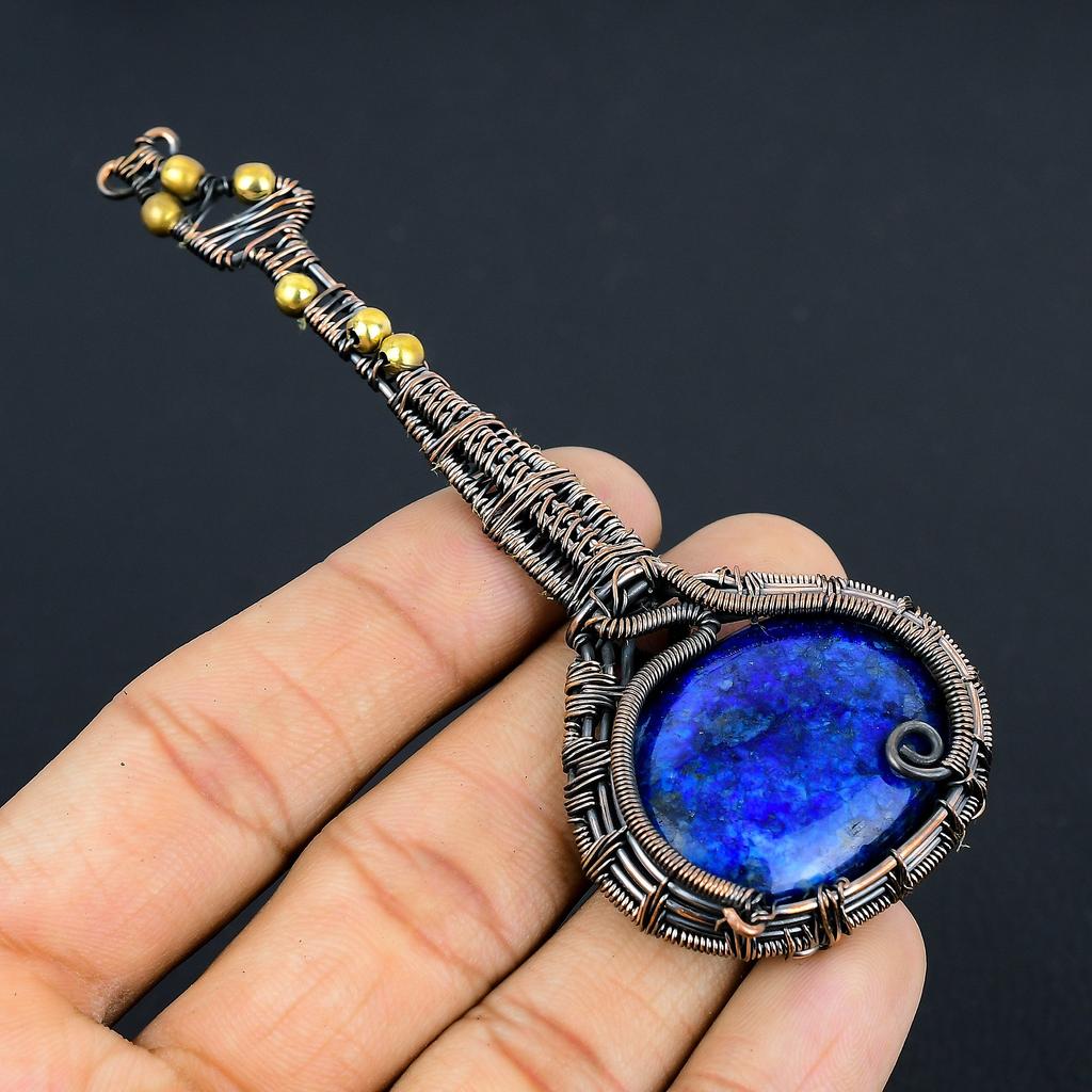 Natural Guitar Lapis Lazuli Gemstone Handmade Copper Wire Wrap Pendant 4.33 s0P54